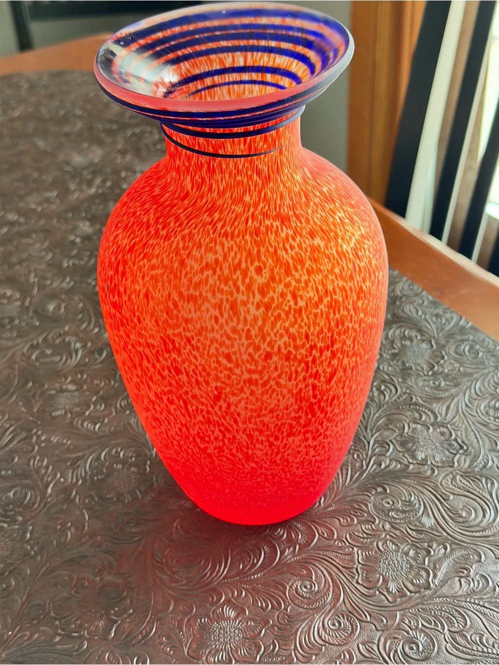Badash Vibrant Red Art Glass Vase with Blue Rim
